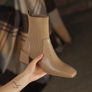 Női cipők 2023 Bőr szögletes lábujj Boka divat elegáns tervező Luxus alkalmi irodai zokni Csizma hölgyeknek Sapatos Femininos