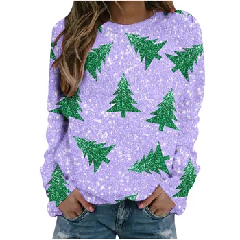 Női divat alkalmi karácsonyfa nyomtatás kerek nyakú pulóver hosszú ujjú kapucnis pulóver extra meleg pulóverek nők