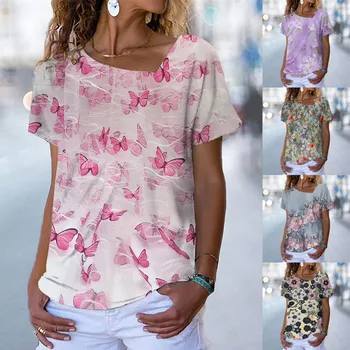 Női divat alkalmi nyomtatott L-nyakú rövid ujjú felső blúz nyomtatás esztétikus női póló Blusa Mujer Moda 2023 топ женский