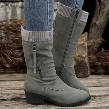 Női középsarkú cipő Vádliközép csizma Vaskos Punk sétacipő Téli új tervező Chelsea csizma Vaskos sarkú rakott térdig érő csizma