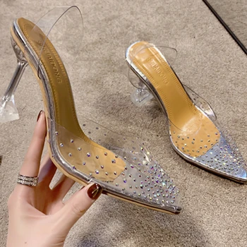 Női magassarkú cipők Summer Bling átlátszó műanyag vékony sarkú cipők női hevederek Cipők ruha party Pionted Toe Heels cipők