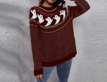 Női pulóver 2023 Új Halloween Ghost Retro pöttyös kerek nyakú hosszú ujjú kötött pulóver alkalmi pulóver pulóver felső