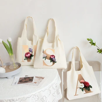 Női táska Vászontáska Nagy kapacitású utazótáskák nyomtatása Kezdeti virág arany hordozható váll bevásárlótáska Harajuku kézitáskák