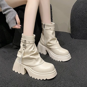 Női vádli középső csizma cipzáras fehér cipő Csizma-női kerek orrdugulások Platform Lolita 2023 Rock bőr vádli középsarkú magas sarkú Ladi