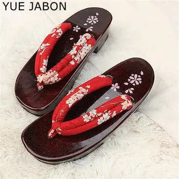  Nők Piros Geta Japán fa klumpák Papucsok nőknek Virág nyári flip flopok Sakura Print Cosplay női cipők Plus 42-es méret