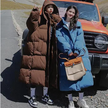Nők Vastag meleg kabátok Téli koreai stílus Alkalmi Laza Vastag Meleg Hosszú bolyhos pamutkabátok Tömör kapucnis kabátok Hó viselet