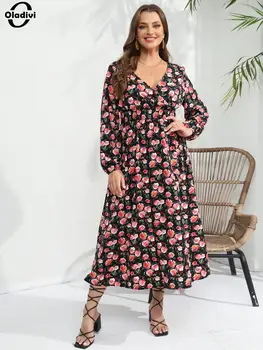 Oladivi Fashion Flororal nyomtatott hosszú ujjú túlméretezett ruha Nők 2023 tavasz ősz Új alkalmi laza ruhák Hosszú tunika köntös 330