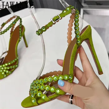 Real velúr bőr kristály szandál Olasz márka Magas sarkú cipő Nyári boka Strapabíró vékony magassarkú cipő Sandalias Mujer Verano