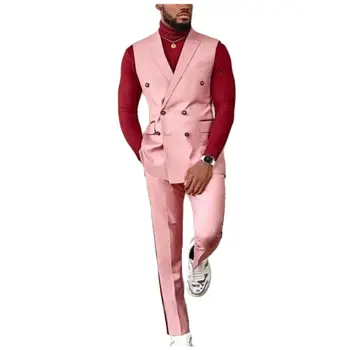 Rózsaszín férfi öltönyök Notch hajtóka dupla mellű mellény nadrág 2 db esküvői slim fit vőlegény Tuxedo Terno Masculino Prom egyedi gyártású blézer