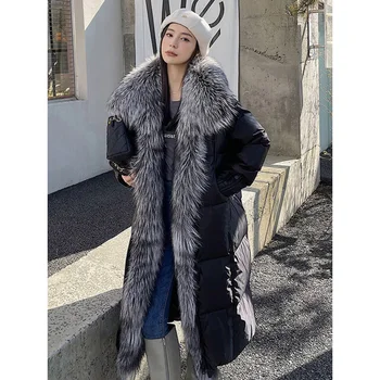 Sandro Rivers női télikabát nagy ezüstróka szőrme gallérral Trim New Goose Duck pehelykabát Női laza divat gallér Deta