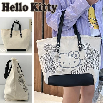 Sanrio Hello Kitty Tote táska rajzfilm édes válltáskák Diák nagy kapacitású vászon kézitáska női alkalmi bevásárló strandtáska