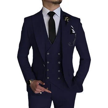 Slim Fit férfi öltönyök Dupla mellű 3db vőlegény Hivatalos üzlet Férfi blézer szett Peak Lapel Party esküvői szett Tuxedo (dzseki mellény nadrág)