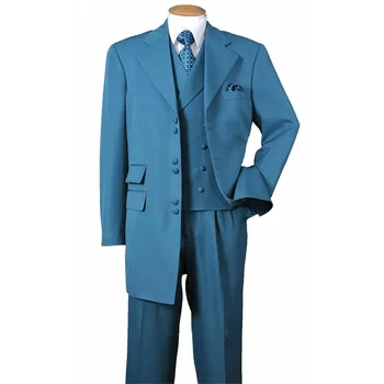 STEVDITG kék elegáns férfi öltöny hosszú kabát nadrág mellény 3 részes formális party egymellű rovátkolt hajtóka blézer jelmez homme