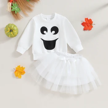 SUNSIOM kisgyermek lány ruhák ruhája Halloween Ghost Print hosszú ujjú pulóver és hálós tüll szoknya kisgyermek őszi ruhákhoz