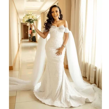 Szexi afrikai plus size sellő esküvői ruhák vállról Teljes csipke rátét kristály gyöngyfűzés Dubai Vestidos hivatalos menyasszonyi ruha