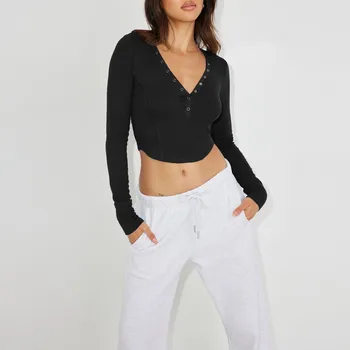 Szexi női gomb V-nyakú pólók Basic Fit Crop Tops Egyszínű hosszú ujjú Henley ing pulóverek Y2k Club Streetwear