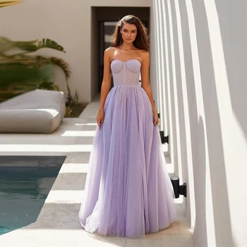 Szexi pánt nélküli egyedi szín 2023 A- vonalú tüll hosszú báli ruhák Sweetheart Boning Fit Top egyszerű formális estélyi ruhák Dubai