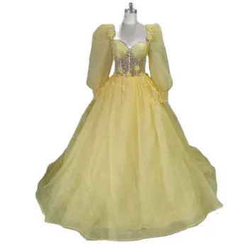 Sárga quinceanera báli ruhák kedvesem puffadt ujjú vestidos de 15 Años 3D virág rátétek gyöngyös junior lányok báli ruhája