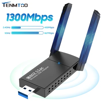 Tenmtoo Wifi adapter USB 3.0 1300Mbps nagy nyereségű kétsávos 2.4G / 5Ghz WiFi USB PC-hez laptop asztali USB számítógép hálózati adapter