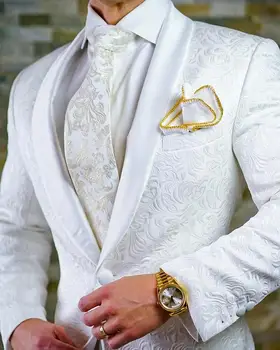 Terno Masculinos Completo White Wedding Men öltönyök Blazer Terno ruhák Shawl Lapel Hombres Jacquard szövet kabát nadrág 2 részes