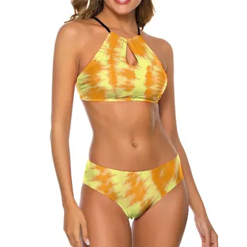 Tie Dye Print Bikini Set szexi narancssárga és sárga bikini fürdőruha push up magas szabású fürdőruha divatos sport strandruházat