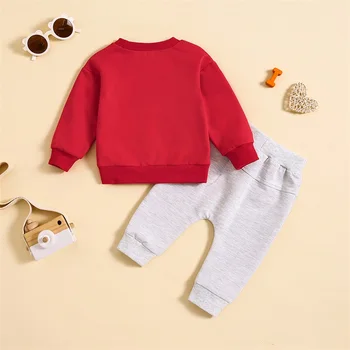 Toddler Boys Valentin Day Sets piros hosszú ujjú levélmintás pulóver és húzózsinóros nadrág szettek