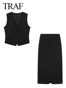 TRAF Women Fashion Black Középhosszú hasított szoknya öltöny Nő Vintage Női V-nyakú Egymellű rövid felső mellény 2 részes szett Mujer