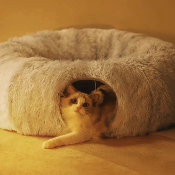 Téli meleg macskaágyak ház vicces macska alagút interaktív játék 2 az 1-ben kölyökmacska barlangszőnyeg kennel puha hosszú plüss mély alvókosár