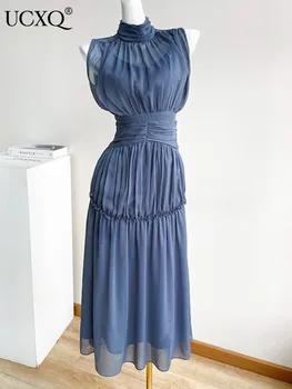 UCXQ kék rakott ujjatlan ruha nőknek Hátsó cipzáras dekoráció Party ruhák Vestido 2023 őszi téli új ruhák 23A701