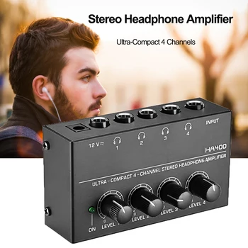 Ultrakompakt 4 csatornás fejhallgató-erősítő HA400 audio sztereó erősítő EU adapterrel zenei keverő felvételhez