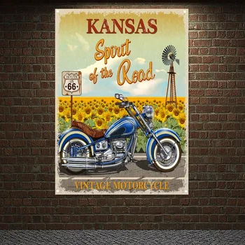 US 66 ÚTVONAL Vintage motorkerékpár SZERVIZ & JAVÍTÁS Poszter Autójavító Műhely jelölés Fali dekoráció Banner Falfestés Kárpit garázshoz