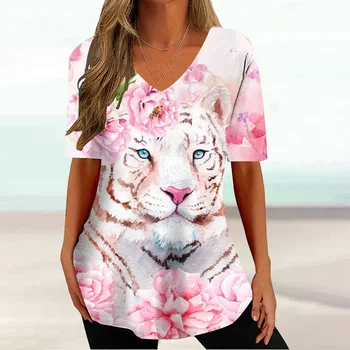 vadonatúj női nyári póló 3D virágok tigrismintás rövid ujjú felsők póló alkalmi streetwear pulóverek túlméretezett ruházat
