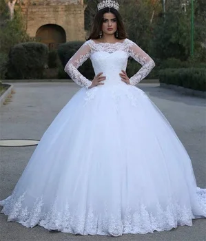 Vintage fehér csipke rátétek Hosszú ujjúak Olcsó esküvői ruhák Báli ruha Esküvői ruhák Menyasszonyi ruha Vestido de Noiva