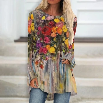 Virág pólók Olajfestmény 3D nyomtatott Streetwear Női divat Oversized Raglan hosszú ujjú póló Női pólók Felsők Ruházat