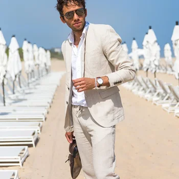 Vászon férfi öltönyök tengerparti esküvői vőlegényhez Tuxedo nyári báli üzlet egyedi készítésű öltönykabát nadrággal 2 db férfi blézer 2024