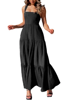 Yoawdats női csúszós hosszú ruha ujjatlan hát nélküli nyakkendő rakott Y2K spagetti pánt Summer Swing Maxi ruhák