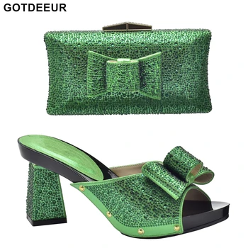 zöld színű női cipő és táska készlet Olaszországban Strasszos díszítésű cipő és táska készlet nigériai női cipő és táska