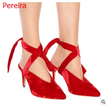 Édes és szexi klasszikus pántok tiszta piros fekete bársony női magas sarkú cipő magas sarkú cipő hegyes orrú női egylépéses nyári hölgyek