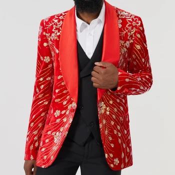 Új férfi öltönykabát Esküvői parti Slim ruhakabát Flitteres dekoráció Luxus blézerek Piros Terno Masculino férfi Piros fényes kabát