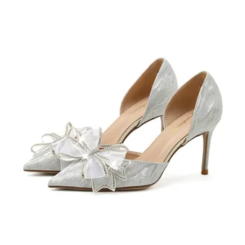 Új női esküvői cipő Finom sarkú hegyes masni Esküvői kristály magas sarkú pumpák
