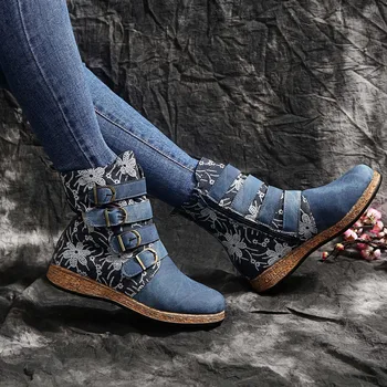 Új női farmer csizma retro nyomtatott fém csat puha alsó cipzáras bokacsizma női cipő divat kényelem botinok Mujer 2023