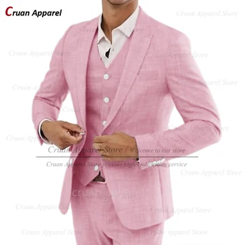 Új rózsaszín vászon öltöny szett férfiaknak Divat bankett egyedi csúcsos hajtókás blézer mellénynadrág 3 részes esküvői vőlegény Slim Fit ruhák