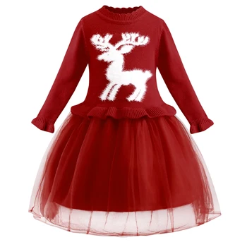 Őszi és téli új lányok jávorszarvas mintás színes hosszú ujjú hálós pulóverruha karácsonyi iskolai party édes divatruha