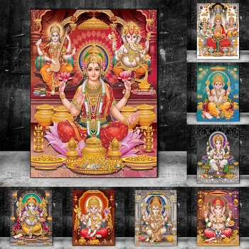 Hindu poszternyomtatás Vallásos falfestmény Nappali Arany Ganesha templom Elefánt Isten vászon