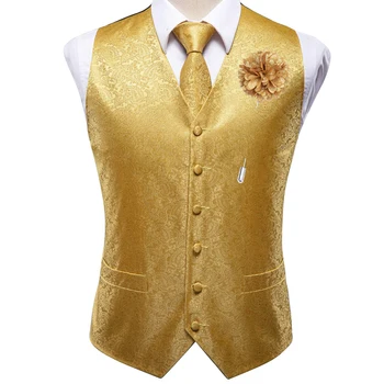 Luxus arany selyem férfi mellények Classic Paisley mellény nyakkendő Hanky mandzsettagombok bross szett férfiaknak Öltöny esküvői iroda Hi-Tie
